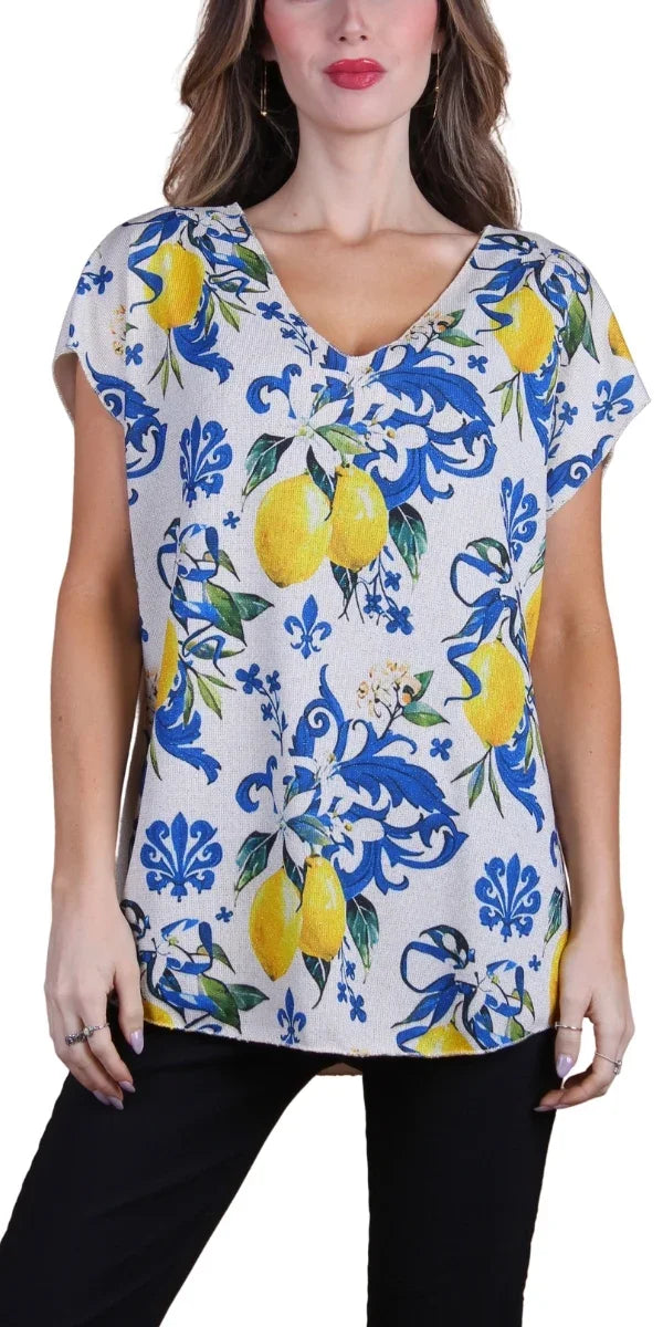 Women's linen top with lemon and blue floral print, short sleeves, v-neck