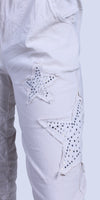 Stella Rhinestone Pants - Gigi Moda - Made in Italy # bedazzled, cropped pant, Cropped pants, elastic waist, elastic waistband, front pockets, Gigi Moda, Made in Italy, one size, OS, Pants, Pockets, rhinestone, Star Design, Tie waist