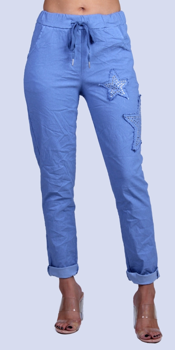 Stella Rhinestone Pants - Gigi Moda - Made in Italy # bedazzled, cropped pant, Cropped pants, elastic waist, elastic waistband, front pockets, Gigi Moda, Made in Italy, one size, OS, Pants, Pockets, rhinestone, Star Design, Tie waist