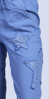 Stella Rhinestone Pants - Gigi Moda - Made in Italy # bedazzled, cropped pant, Cropped pants, elastic waist, elastic waistband, front pockets, Gigi Moda, Made in Italy, one size, OS, Pants, Pockets, rhinestone, Star Design, Tie waist