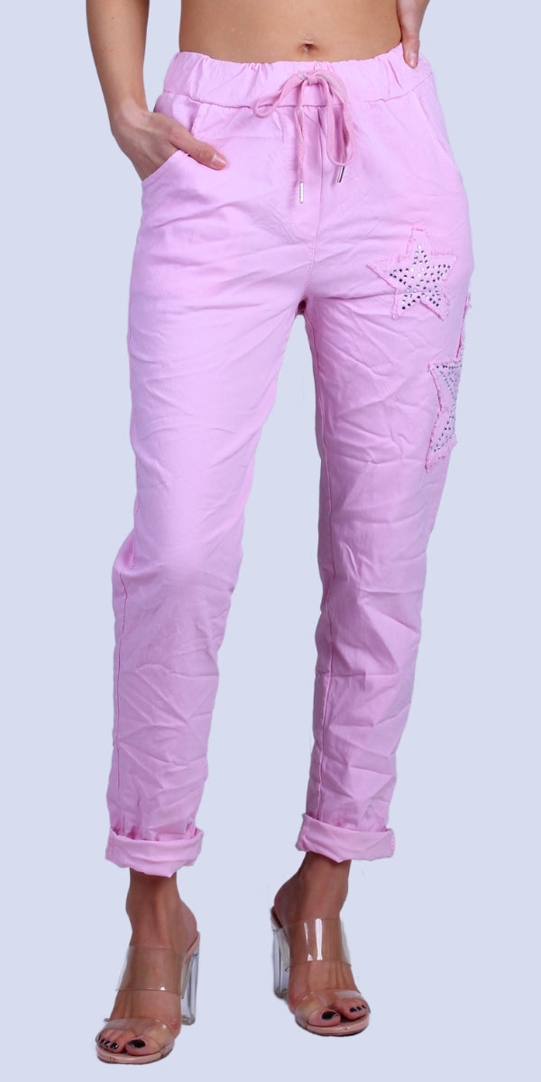 Stella Rhinestone Pants - Gigi Moda - Made in Italy # bedazzled, cropped pant, Cropped pants, elastic waist, elastic waistband, front pockets, Gigi Moda, Made in Italy, one size, OS, Pants, Pockets, rhinestone, Star Design, Tie waist