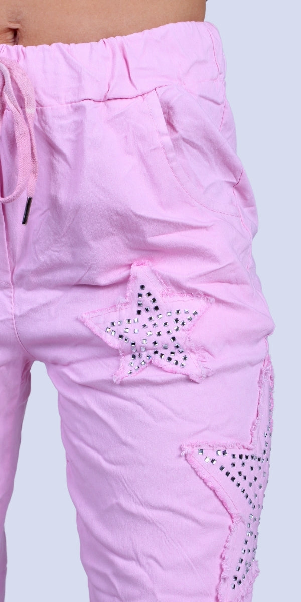 Stella Rhinestone Pants - Gigi Moda - Made in Italy # bedazzled, cropped pant, Cropped pants, elastic waist, elastic waistband, front pockets, Gigi Moda, Made in Italy, one size, OS, Pants, Pockets, rhinestone, Star Design, Tie waist