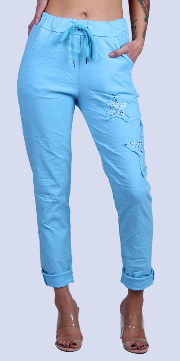 Stella Rhinestone Pants - Gigi Moda - Made in Italy # bedazzled, cropped pant, Cropped pants, elastic waist, elastic waistband, front pockets, Gigi Moda, Made in Italy, one size, OS, Pants, Pockets, rhinestone, Star Design, Tie waist