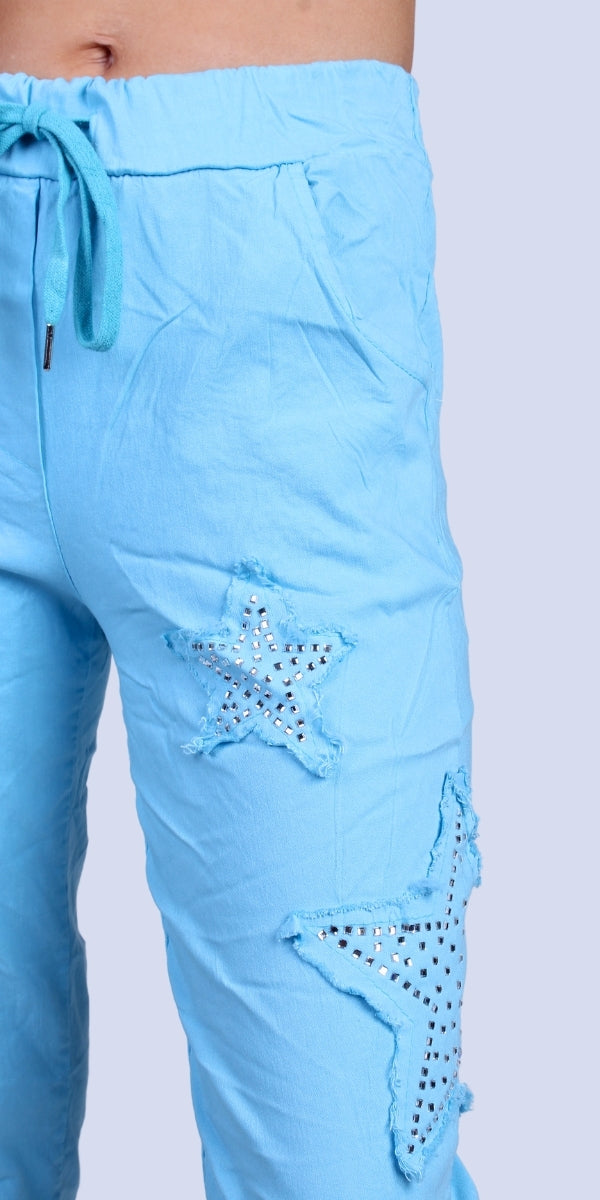 Stella Rhinestone Pants - Gigi Moda - Made in Italy # bedazzled, cropped pant, Cropped pants, elastic waist, elastic waistband, front pockets, Gigi Moda, Made in Italy, one size, OS, Pants, Pockets, rhinestone, Star Design, Tie waist