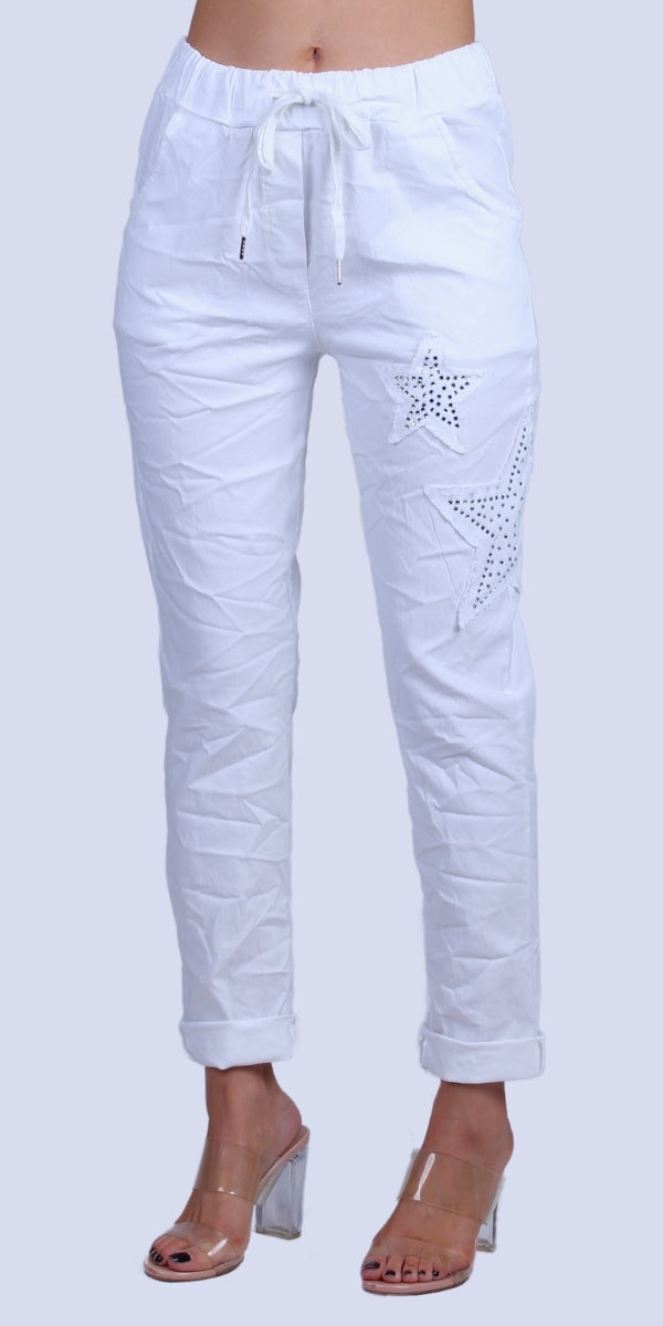 Stella Rhinestone Pants - Gigi Moda - Made in Italy # bedazzled, cropped pant, Cropped pants, elastic waist, elastic waistband, front pockets, Gigi Moda, Made in Italy, one size, OS, Pants, Pockets, rhinestone, Star Design, Tie waist