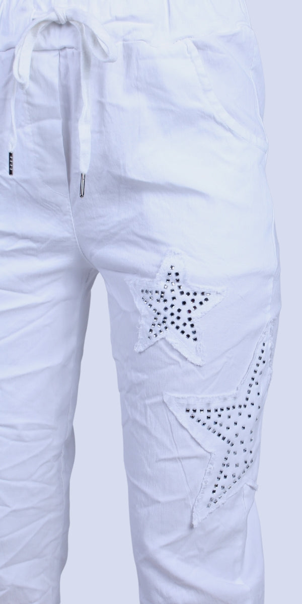 Stella Rhinestone Pants - Gigi Moda - Made in Italy # bedazzled, cropped pant, Cropped pants, elastic waist, elastic waistband, front pockets, Gigi Moda, Made in Italy, one size, OS, Pants, Pockets, rhinestone, Star Design, Tie waist