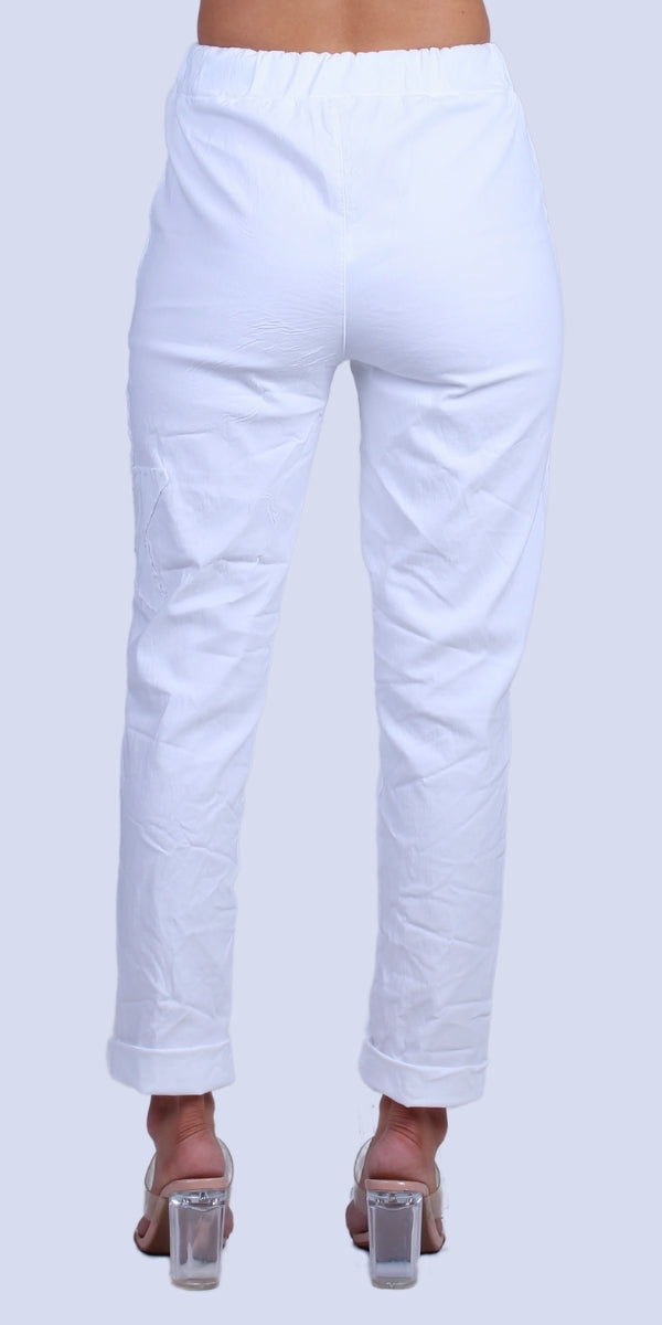 Stella Rhinestone Pants - Gigi Moda - Made in Italy # bedazzled, cropped pant, Cropped pants, elastic waist, elastic waistband, front pockets, Gigi Moda, Made in Italy, one size, OS, Pants, Pockets, rhinestone, Star Design, Tie waist