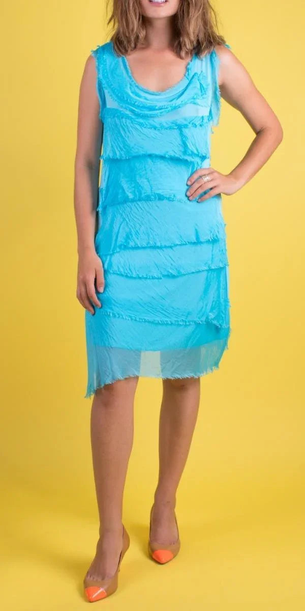 Women's Silk Sleeveless Party Dress | Knee-Length Ruffled Dress Made in Italy Royal Blue Women's Silk Sleeveless Party Dress | Knee-Length Ruffled Dress Made in Italy Royal Blue