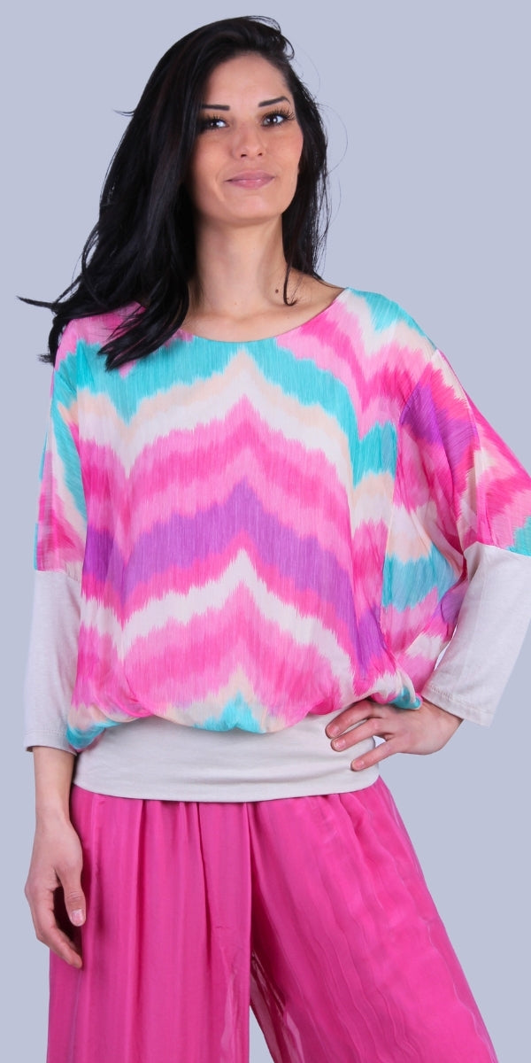 Daphna Chevron Blouse - Gigi Moda - Made in Italy # batwing, chevron print, elastic waistband, Gigi Moda, italian silk blouse, Made in Italy, Ombre, shop gigi moda, Silk, silk blouse, Silk top