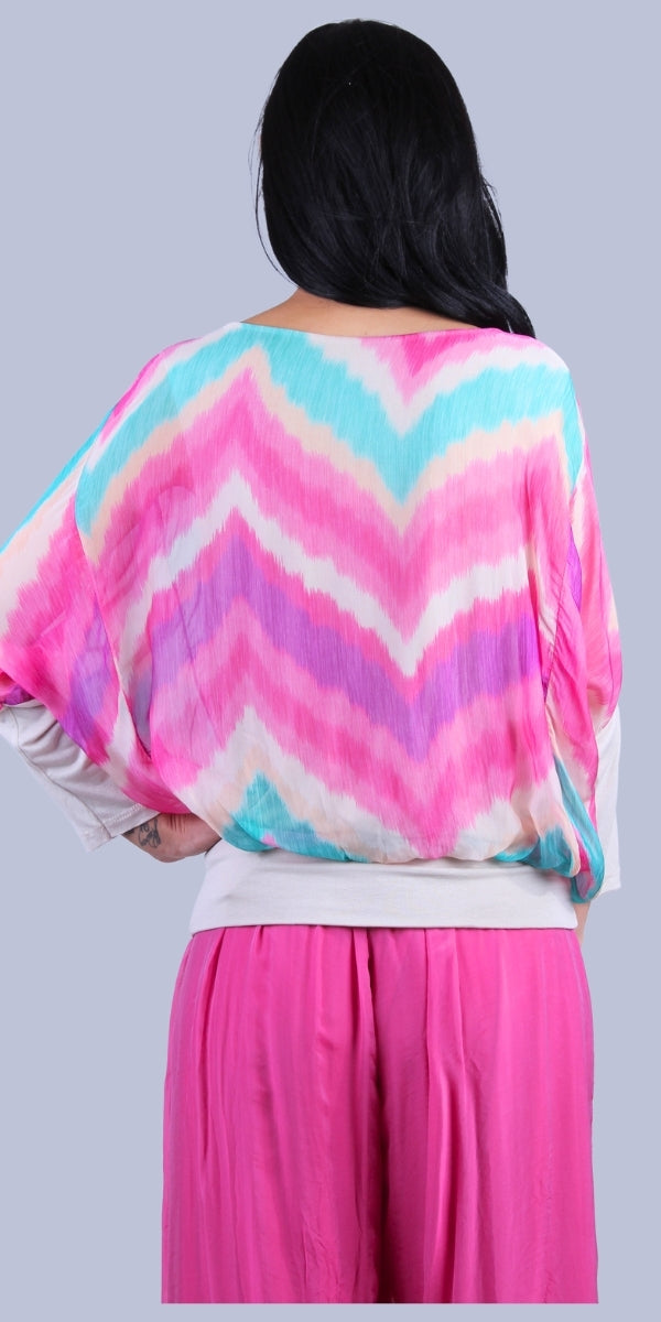 Daphna Chevron Blouse - Gigi Moda - Made in Italy # batwing, chevron print, elastic waistband, Gigi Moda, italian silk blouse, Made in Italy, Ombre, shop gigi moda, Silk, silk blouse, Silk top