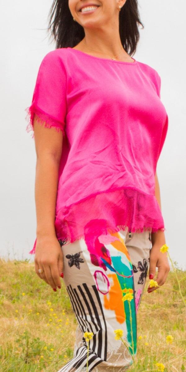 Turin Top - Gigi Moda - Made in Italy # Blouse, Blouses, clothing for women, comforatable fit, comfy, Gigi Moda, italian clothes, Italian Clothing, italian fashion, italian top, Made in Italy, one size, raw edge, Round Neck, shopgigimoda, short sleeve, short sleeve top, Silk, Top, womans clothing, womens fashion, Womens Tops