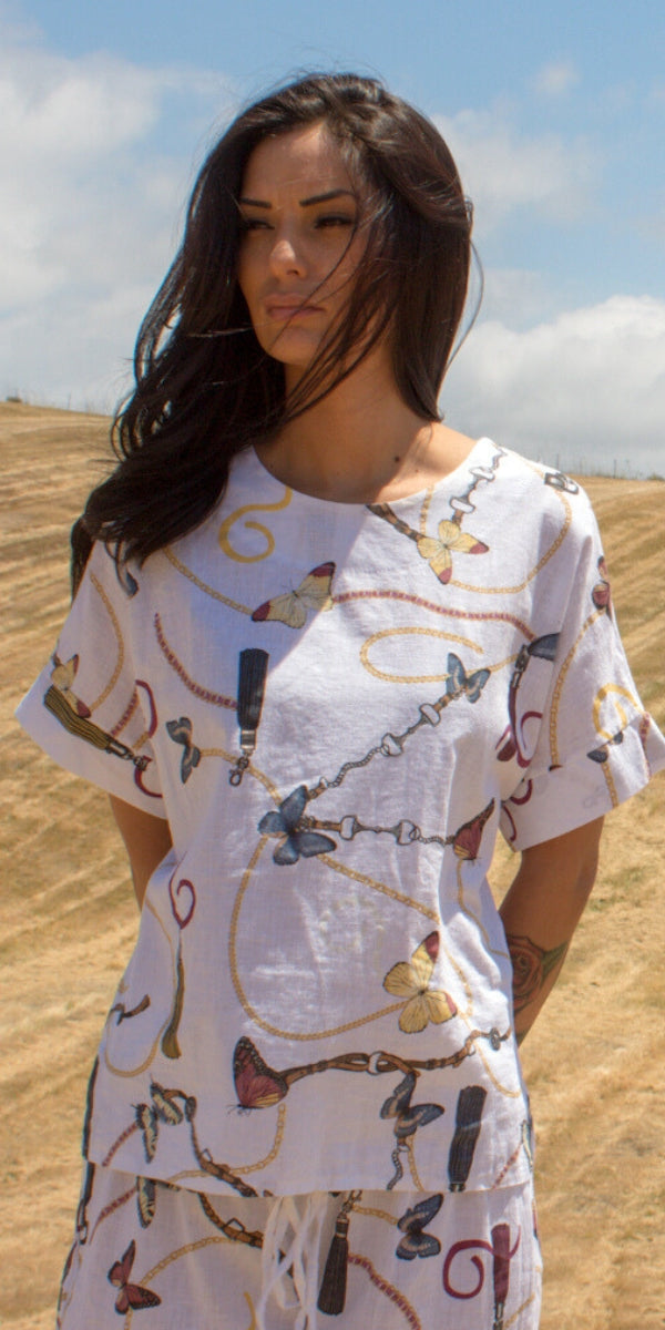 Farfalla Linen Top - Gigi Moda - Made in Italy # Blouse, Butterfly, butterfly print, chain print, high low, Linen, Made in Italy, matching set, one size, Round Neck, short sleeve, short sleeve top, Top