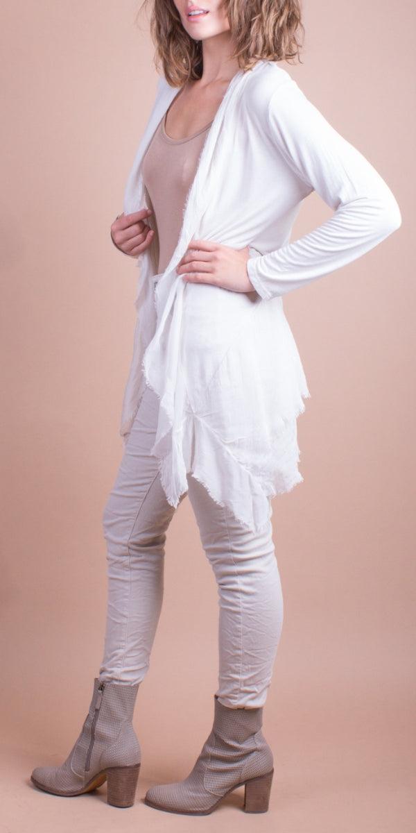 Cruda Silk Cardigan - Gigi Moda - Made in Italy # Cardigan, Gigi Moda, italian top, Jacket, Knit, Made in Italy, one size, OS, raw edge, raw edges, resort wear, Ruffle, ruffles, Silk, Sleeves