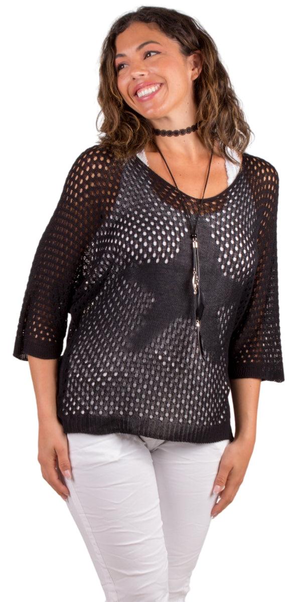 Star Knit Mesh Sweater - Gigi Moda - Made in Italy # Comfortable fit, Cover Up, Gigi Moda, Knit, knit blouse, knit sweater, Long Sleeve, long sleeves, made in italy, mesh, mesh sweater, Star Design, star top, Sweater, Womens Clothing, Womens Tops