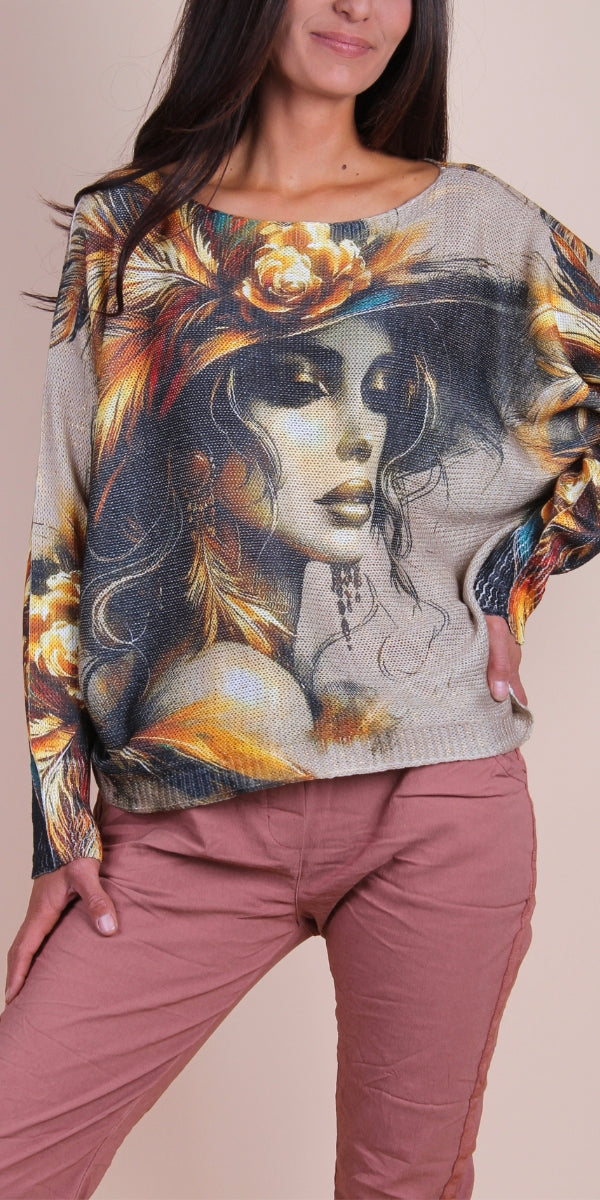 Dorata Batwing Sweater with Feather Muse Print