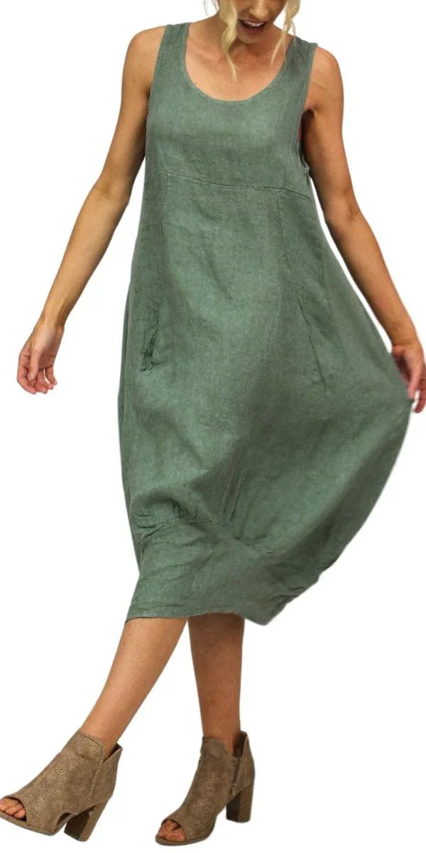 Women's Linen Midi Dress | Sleeveless Below-the-Knee Dress Made in Italy Olive Women's Linen Midi Dress | Sleeveless Below-the-Knee Dress Made in Italy Olive