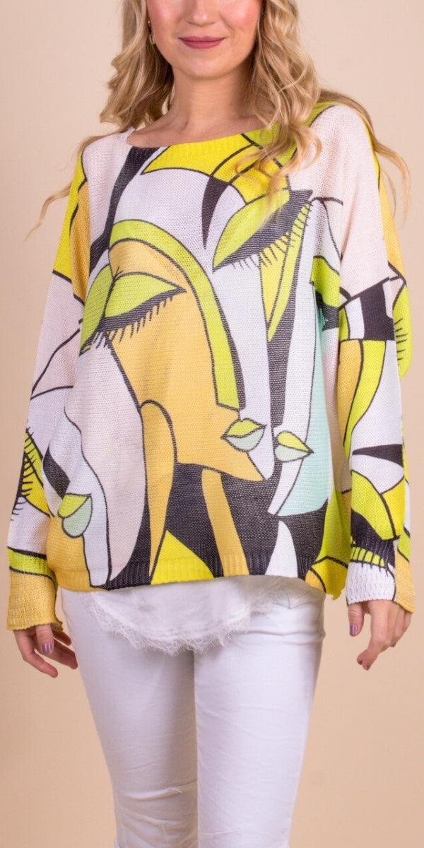 Daria Batwing Sweater with Face Print - Shop Gigi Moda - Made in Italy # Abstract, batwing, Blouse, comfortable, comfortable fit, Cozy, face, Gigi Moda, Italian Clothing, italian top, Long Sleeve, Made in Italy, one size, Sleeves, Sweater, Top, washable, womens clothing, Womens Tops