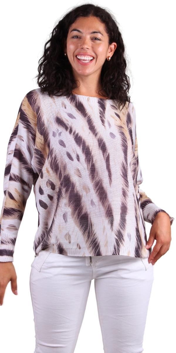 Daria Batwing Sweater with Arctic Tiger Print - Gigi Moda - Made in Italy # animal print, batwing, comfortable, comfortable fit, Cozy, Gigi Moda, Italian Clothing, italian top, Long Sleeve, Made in Italy, one size, Sleeves, Sweater, Top, washable, womens clothing