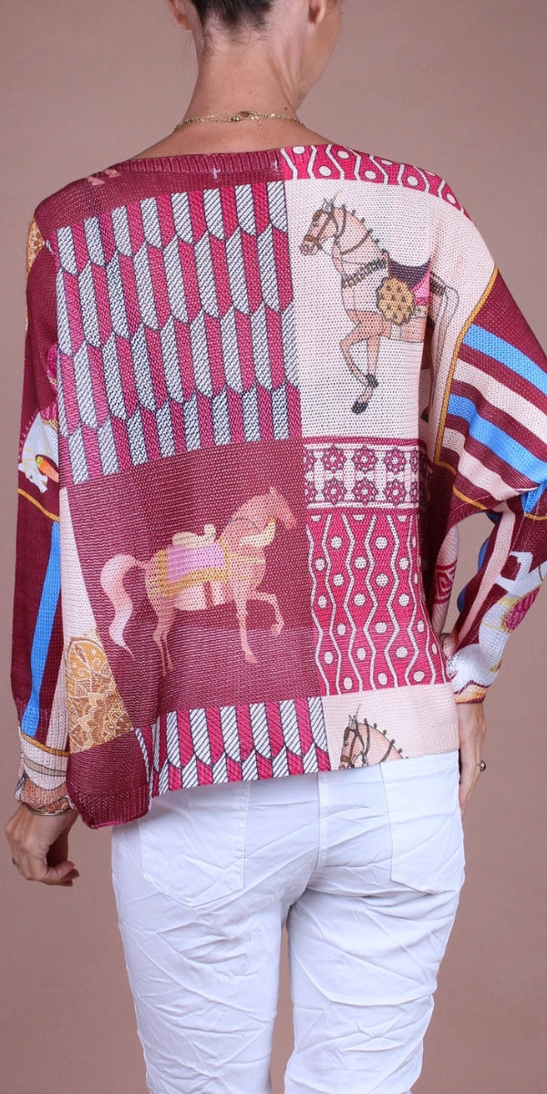 Daria Batwing Sweater with Carousel Horse Print
