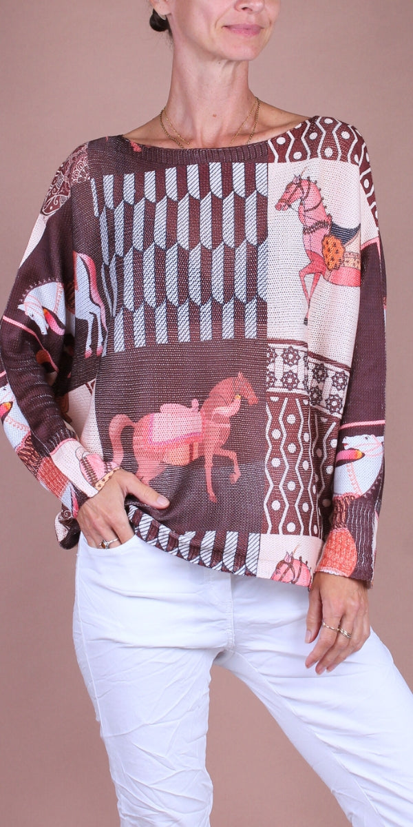 Daria Batwing Sweater with Carousel Horse Print