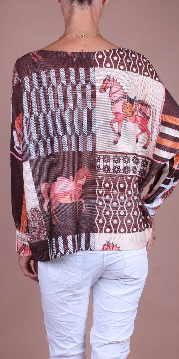 Daria Batwing Sweater with Carousel Horse Print