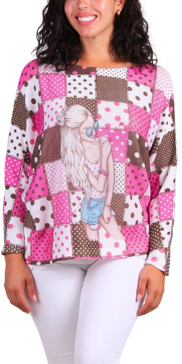 Daria Batwing Sweater with Checker Girl Print - Gigi Moda - Made in Italy # batwing, checkered, comfortable, comfortable fit, Cozy, Gigi Moda, girl, Italian Clothing, italian top, Long Sleeve, Made in Italy, maxretail, one size, Sleeves, Sweater, Top, washable, womens clothing