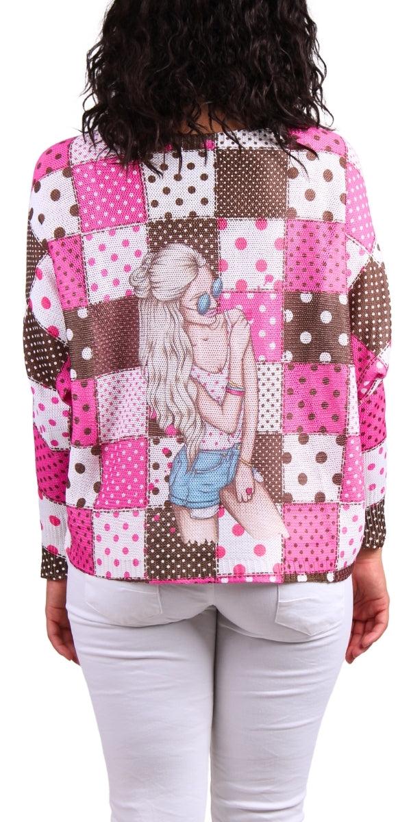Daria Batwing Sweater with Checker Girl Print - Gigi Moda - Made in Italy # batwing, checkered, comfortable, comfortable fit, Cozy, Gigi Moda, girl, Italian Clothing, italian top, Long Sleeve, Made in Italy, maxretail, one size, Sleeves, Sweater, Top, washable, womens clothing