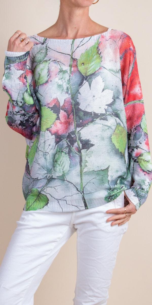 Daria Batwing Sweater with Fall Leaves - Gigi Moda - Made in Italy # batwing, Blouse, comfortable, comfortable fit, Cozy, Gigi Moda, Italian Clothing, italian top, leaves, Long Sleeve, Made in Italy, maxretail, one size, Sleeves, Sweater, Top, washable, womens clothing, Womens Tops