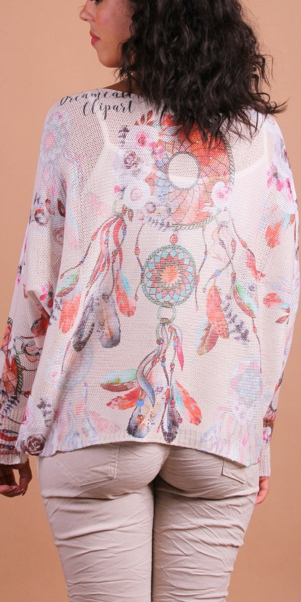 Daria Batwing Sweater with Dreamcatcher Print - Gigi Moda - Made in Italy # batwing, Blouse, comfortable, comfortable fit, Cozy, Gigi Moda, Italian Clothing, italian top, Long Sleeve, Made in Italy, maxretail, one size, paint splatter, Sleeves, Sweater, Top, washable, womens clothing, Womens Tops