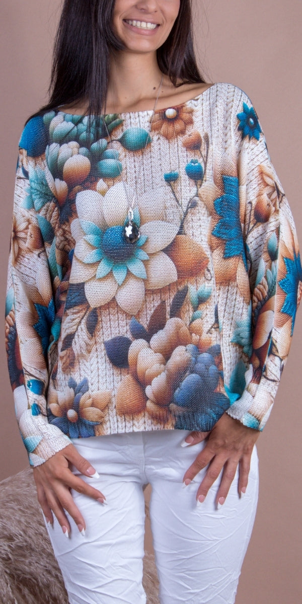 Daria Batwing Sweater with Fall Floral Print - Gigi Moda - Made in Italy # batwing, Blouse, comfortable, comfortable fit, Cozy, floral, floral design, floral pattern, Floral Print, Gigi Moda, Italian Clothing, italian top, Long Sleeve, Made in Italy, one size, Sleeves, Sweater, Top, washable, womens clothing, Womens Tops