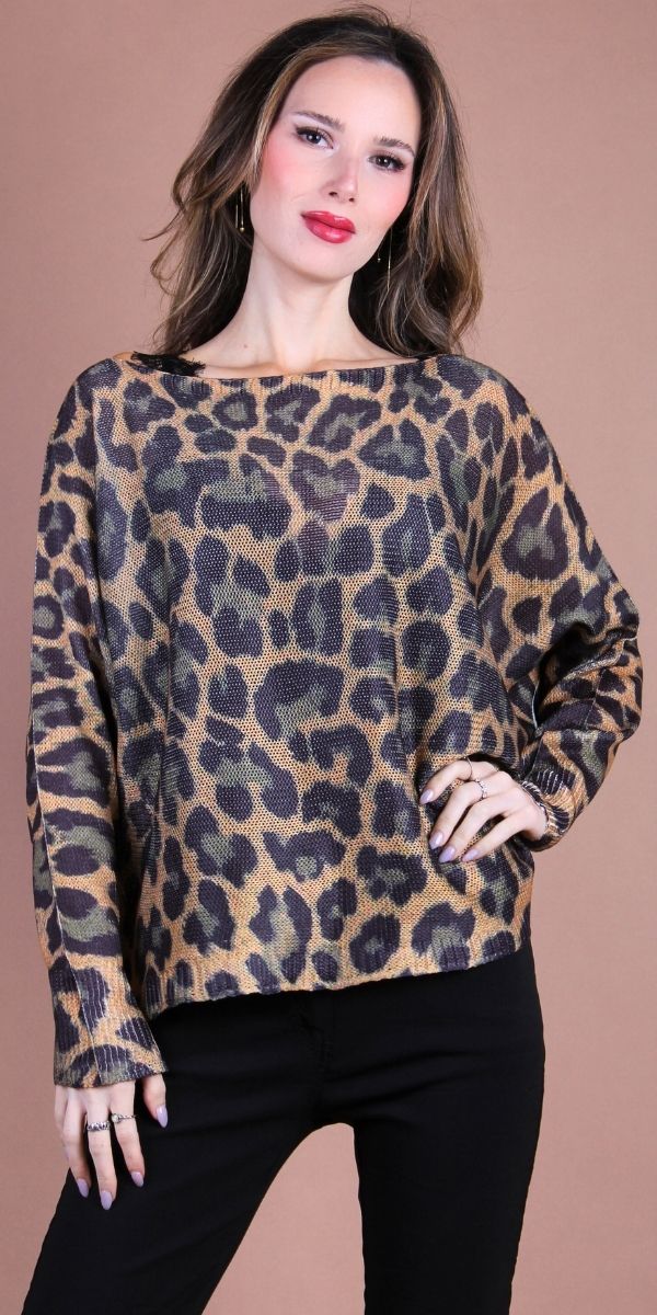 Daria Batwing Sweater with Jaguar Print