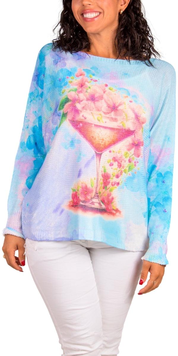 Daria Batwing Sweater with Martini Print - Gigi Moda - Made in Italy # batwing, comfortable, comfortable fit, Cozy, floral, Gigi Moda, Italian Clothing, italian top, Long Sleeve, Made in Italy, maxretail, one size, Sleeves, Sweater, Top, washable, womens clothing