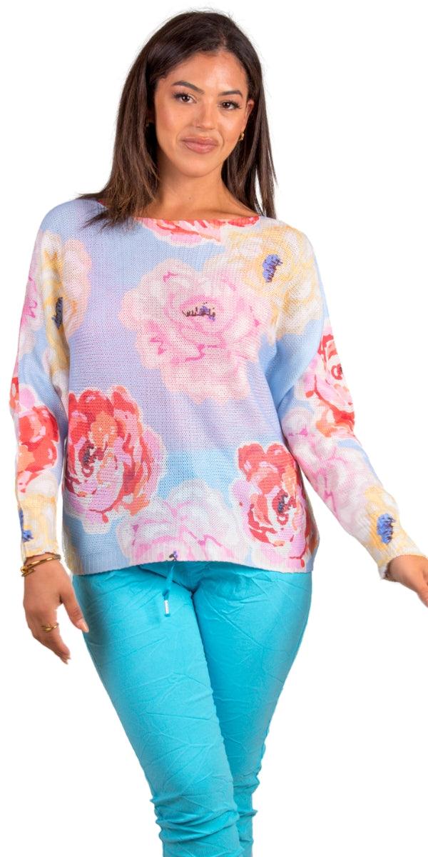 Daria Batwing Sweater with Flower Print - Gigi Moda - Made in Italy # batwing, Blouse, comfortable, comfortable fit, Cozy, floral, floral design, floral pattern, Floral Print, Gigi Moda, Italian Clothing, italian top, Long Sleeve, Made in Italy, maxretail, one size, Sleeves, Sweater, Top, washable, womens clothing, Womens Tops