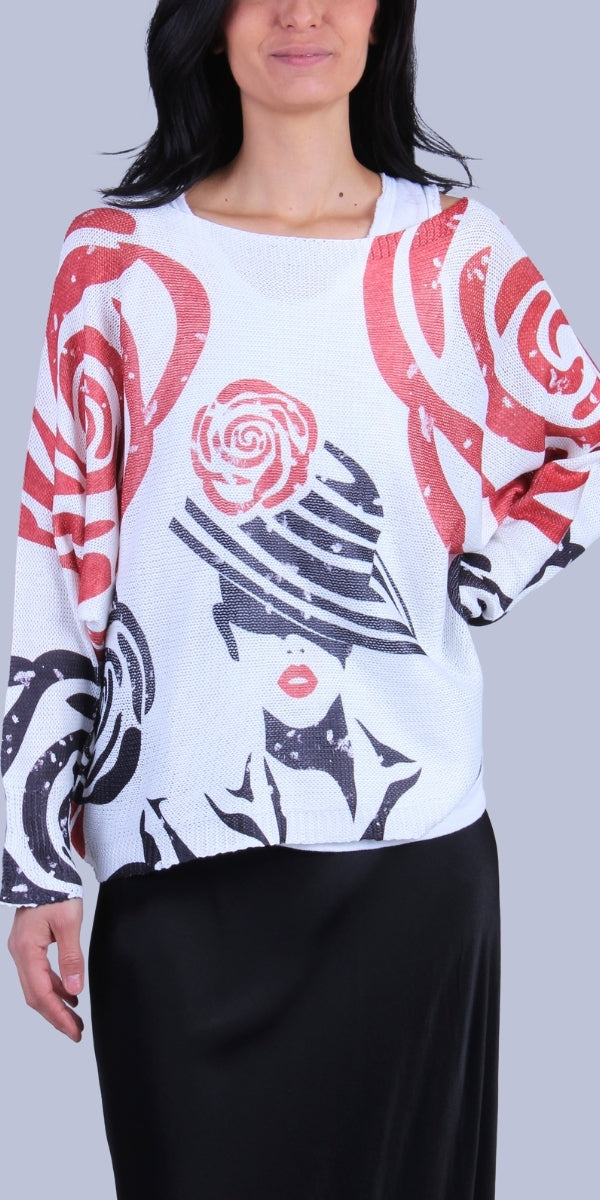 Daria Batwing Sweater with Mod Print - Gigi Moda - Made in Italy # batwing, Blouse, comfortable, comfortable fit, Cozy, Gigi Moda, Italian Clothing, italian top, Long Sleeve, Made in Italy, MOD, one size, roses, Sleeves, Sweater, Top, washable, womens clothing, Womens Tops