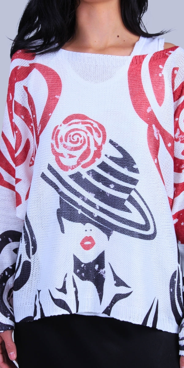 Daria Batwing Sweater with Mod Print - Gigi Moda - Made in Italy # batwing, Blouse, comfortable, comfortable fit, Cozy, Gigi Moda, Italian Clothing, italian top, Long Sleeve, Made in Italy, MOD, one size, roses, Sleeves, Sweater, Top, washable, womens clothing, Womens Tops