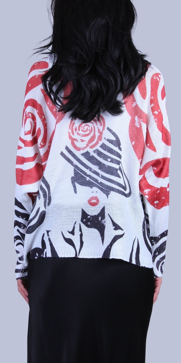 Daria Batwing Sweater with Mod Print - Gigi Moda - Made in Italy # batwing, Blouse, comfortable, comfortable fit, Cozy, Gigi Moda, Italian Clothing, italian top, Long Sleeve, Made in Italy, MOD, one size, roses, Sleeves, Sweater, Top, washable, womens clothing, Womens Tops