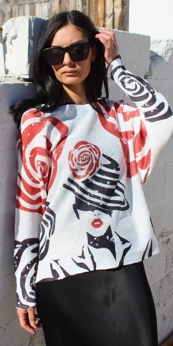 Daria Batwing Sweater with Mod Print - Gigi Moda - Made in Italy # batwing, Blouse, comfortable, comfortable fit, Cozy, Gigi Moda, Italian Clothing, italian top, Long Sleeve, Made in Italy, MOD, one size, roses, Sleeves, Sweater, Top, washable, womens clothing, Womens Tops