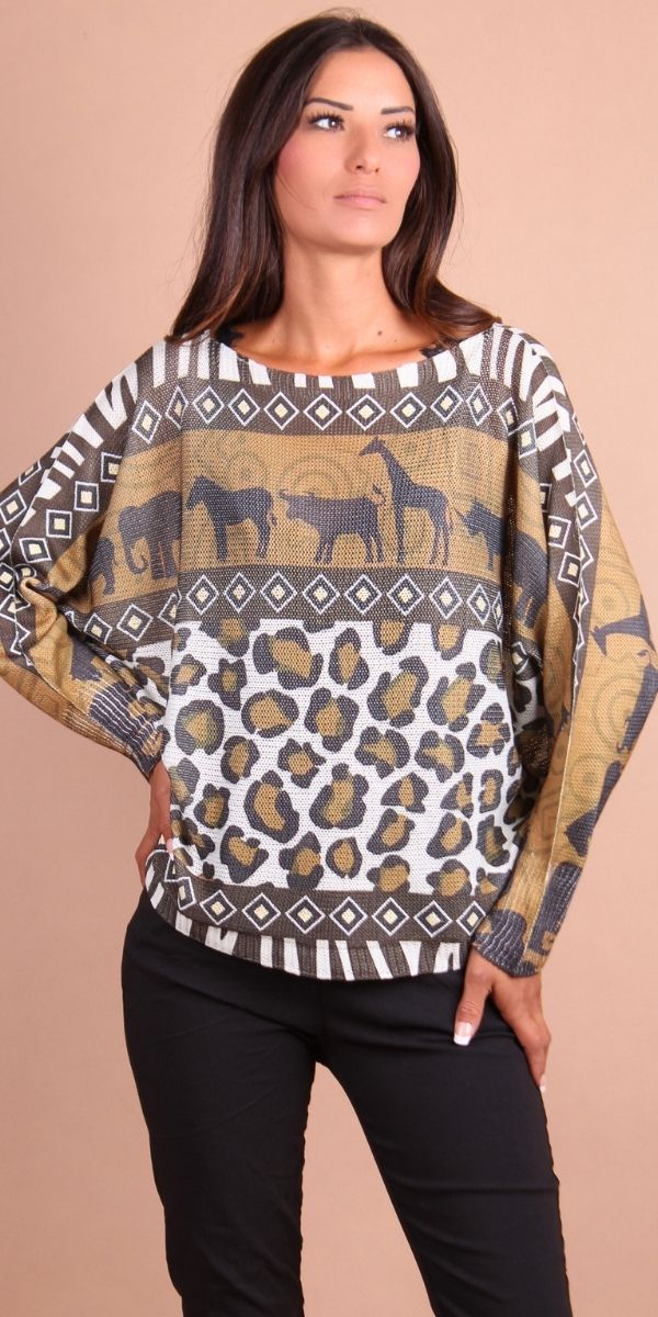 Daria Batwing Sweater with Safari Print