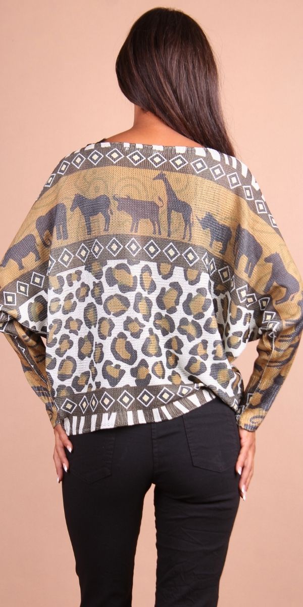 Daria Batwing Sweater with Safari Print