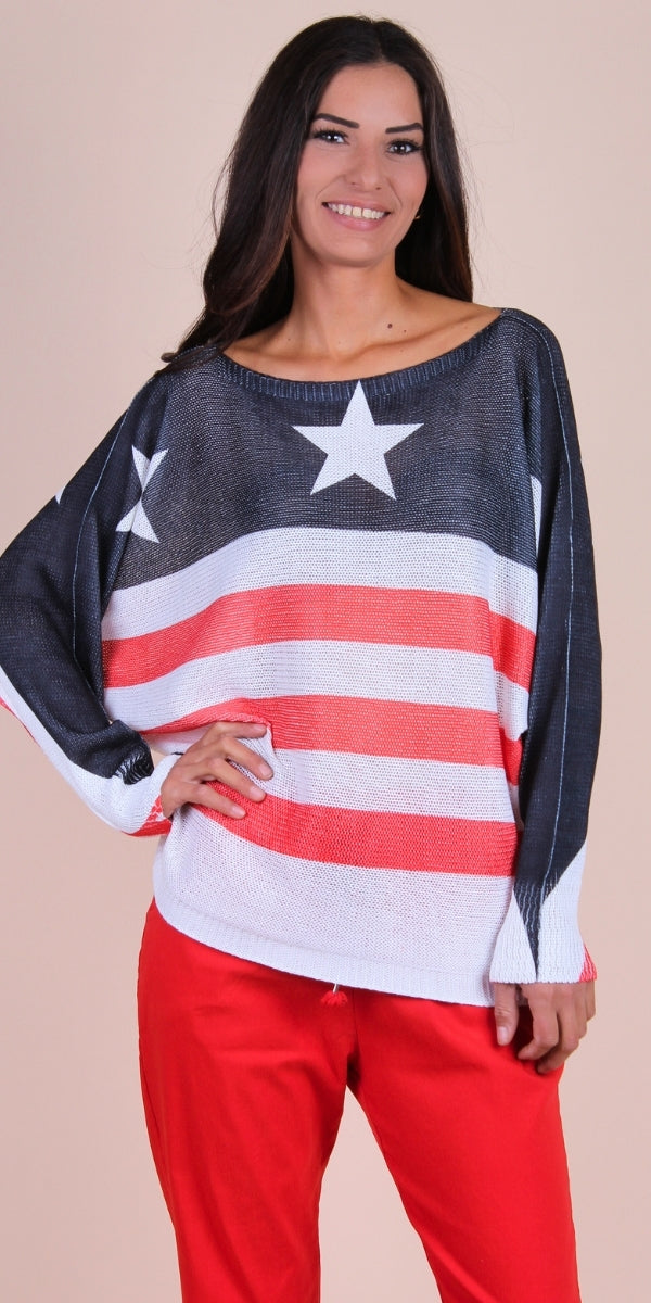 Daria Batwing Sweater with Stars & Stripes Print