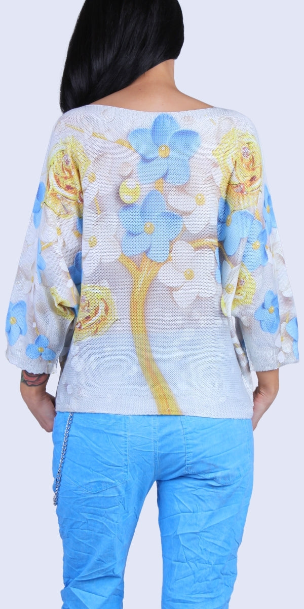 In Fiore Batwing Sweater - Gigi Moda - Made in Italy # batwing, Comfortable fit, Cover Up, floral, floral design, Floral Print, Gigi Moda, Knit, knit blouse, knit sweater, made in italy, mesh, mesh sweater, Sweater, Womens Clothing, Womens Tops