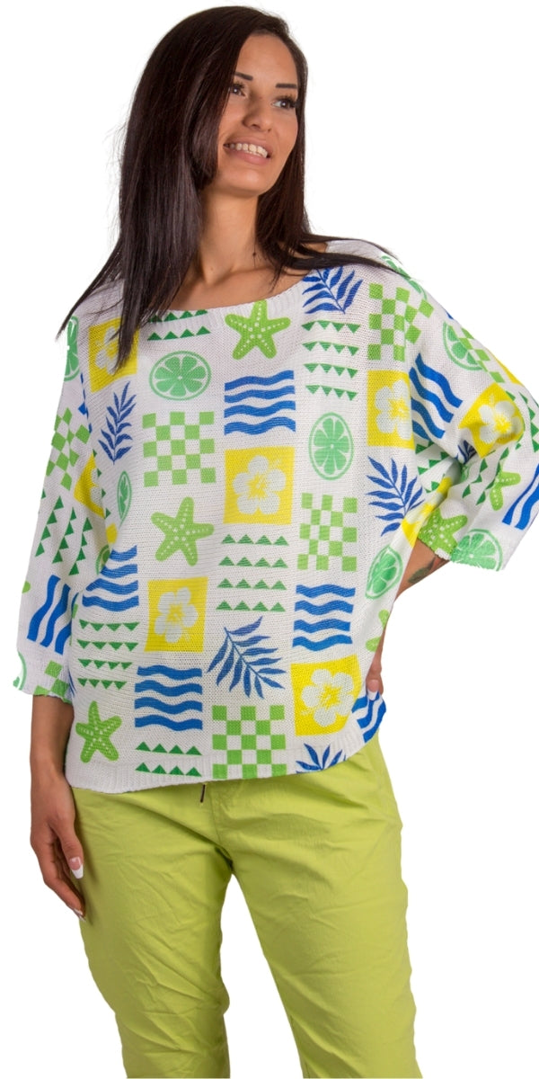 Costiera Batwing Sweater - Gigi Moda - Made in Italy # batwing, Comfortable fit, Cover Up, fun, Gigi Moda, Knit, knit blouse, knit sweater, made in italy, mesh, mesh sweater, patchwork, retro, Sweater, tropical, Womens Clothing, Womens Tops