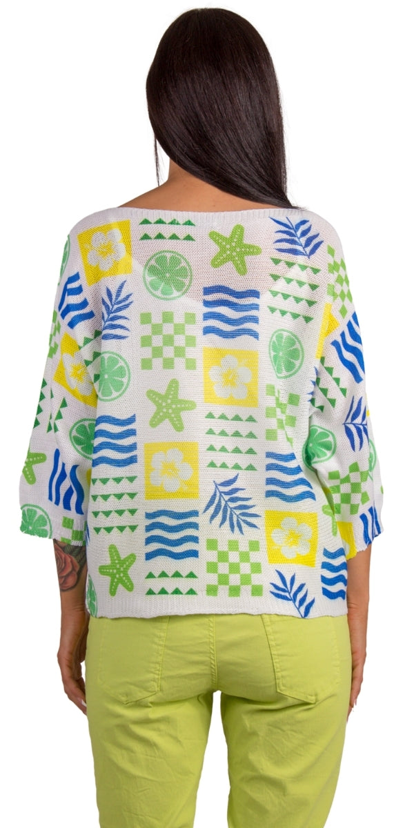 Costiera Batwing Sweater - Gigi Moda - Made in Italy # batwing, Comfortable fit, Cover Up, fun, Gigi Moda, Knit, knit blouse, knit sweater, made in italy, mesh, mesh sweater, patchwork, retro, Sweater, tropical, Womens Clothing, Womens Tops