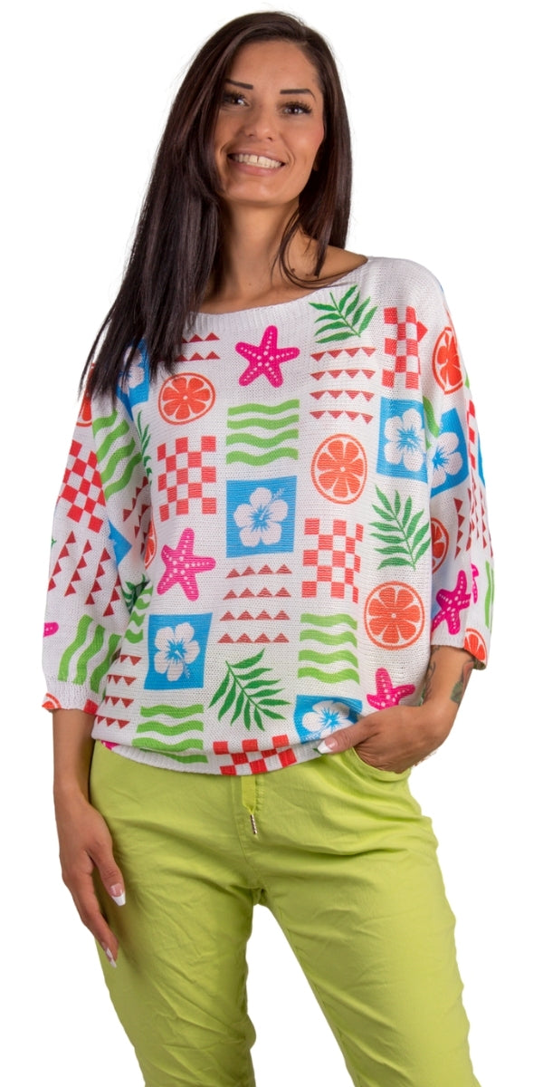 Costiera Batwing Sweater - Gigi Moda - Made in Italy # batwing, Comfortable fit, Cover Up, fun, Gigi Moda, Knit, knit blouse, knit sweater, made in italy, mesh, mesh sweater, patchwork, retro, Sweater, tropical, Womens Clothing, Womens Tops