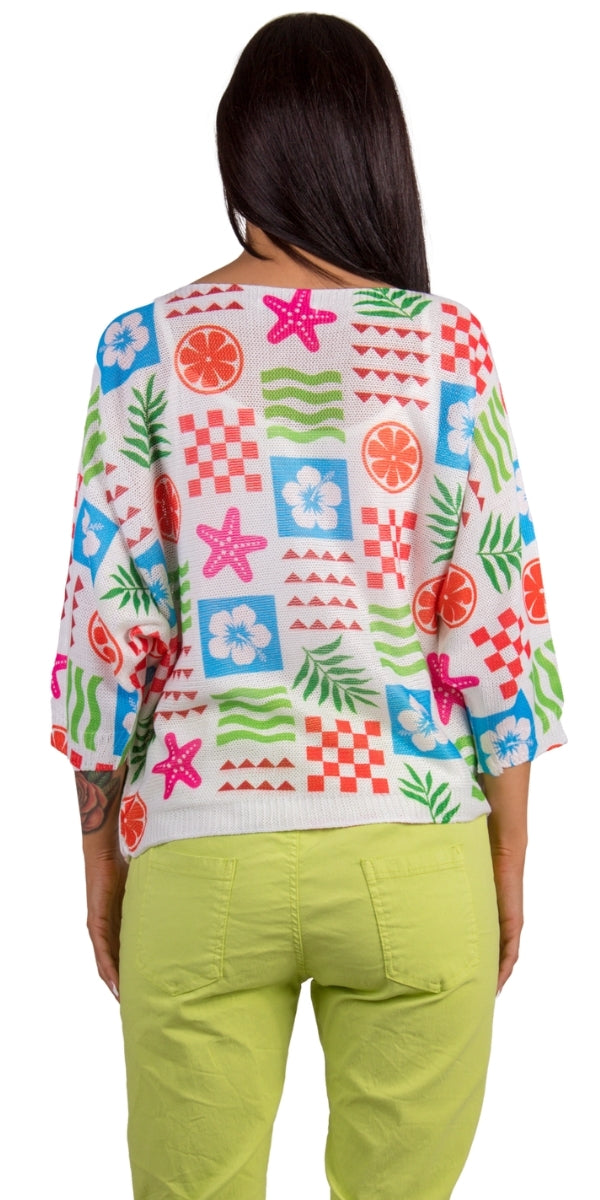 Costiera Batwing Sweater - Gigi Moda - Made in Italy # batwing, Comfortable fit, Cover Up, fun, Gigi Moda, Knit, knit blouse, knit sweater, made in italy, mesh, mesh sweater, patchwork, retro, Sweater, tropical, Womens Clothing, Womens Tops