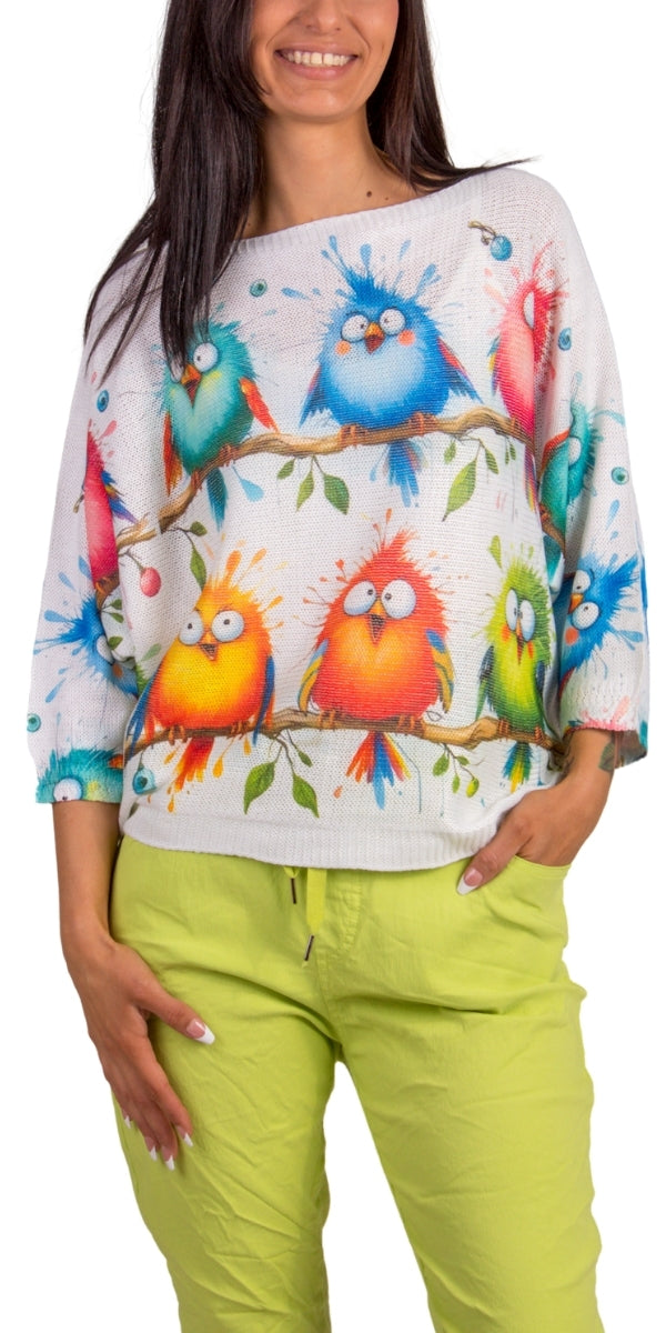 Tweetie Batwing Sweater - Gigi Moda - Made in Italy # batwing, birds, Comfortable fit, Cover Up, fun, Gigi Moda, Knit, knit blouse, knit sweater, made in italy, mesh, mesh sweater, retro, Sweater, Womens Clothing, Womens Tops