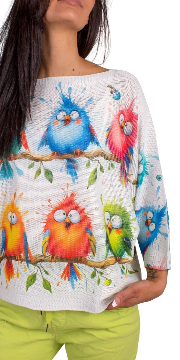 Tweetie Batwing Sweater - Gigi Moda - Made in Italy # batwing, birds, Comfortable fit, Cover Up, fun, Gigi Moda, Knit, knit blouse, knit sweater, made in italy, mesh, mesh sweater, retro, Sweater, Womens Clothing, Womens Tops