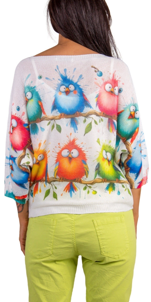 Tweetie Batwing Sweater - Gigi Moda - Made in Italy # batwing, birds, Comfortable fit, Cover Up, fun, Gigi Moda, Knit, knit blouse, knit sweater, made in italy, mesh, mesh sweater, retro, Sweater, Womens Clothing, Womens Tops