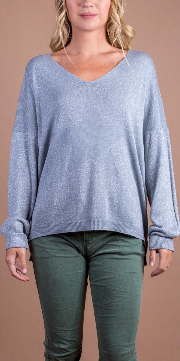 Fausta Shimmer Top - Gigi Moda - Made in Italy # casual sweater, Gigi Moda, Long Sleeve, Made in Italy, shimmer, shimmery, shirt, star, Star Design, star top, Sweater, Top, V Neck