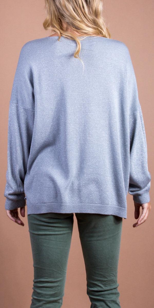 Fausta Shimmer Top - Gigi Moda - Made in Italy # casual sweater, Gigi Moda, Long Sleeve, Made in Italy, shimmer, shimmery, shirt, star, Star Design, star top, Sweater, Top, V Neck